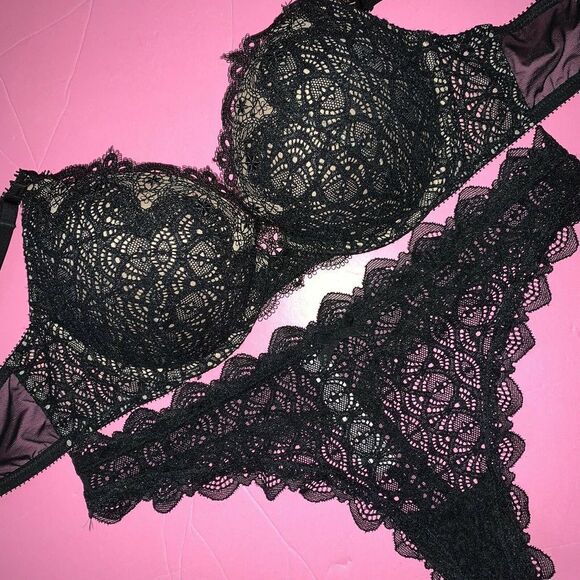 Victoria's Secret 36D BRA SET+garter TEDDY+L thong+ROBE BLACK embroidered lace - Picture 5 of 8